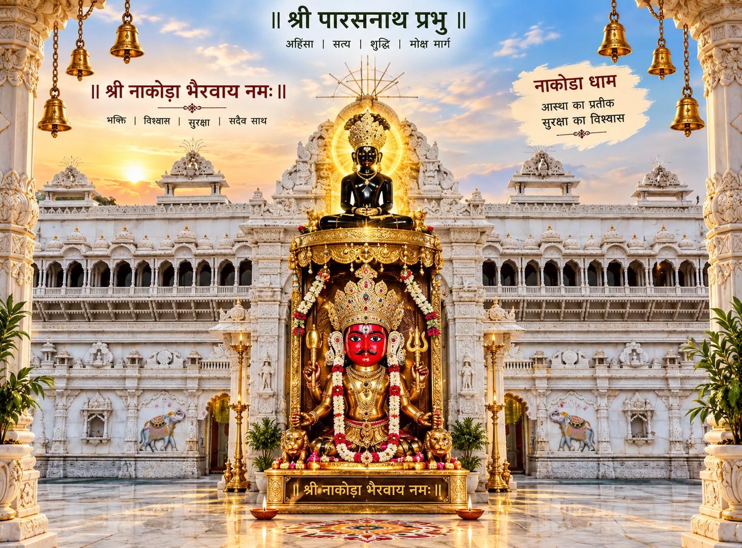 नाकोड़ा मंदिर की पृष्ठभूमि में श्री पार्श्वनाथ भगवान और श्री नाकोड़ा भैरवदेव